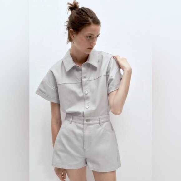 NWT ZARA Metallic Denim 100% Cotton DustyBlue Shimmer Short Romper 6929/201 Sz M - Picture 2 of 14